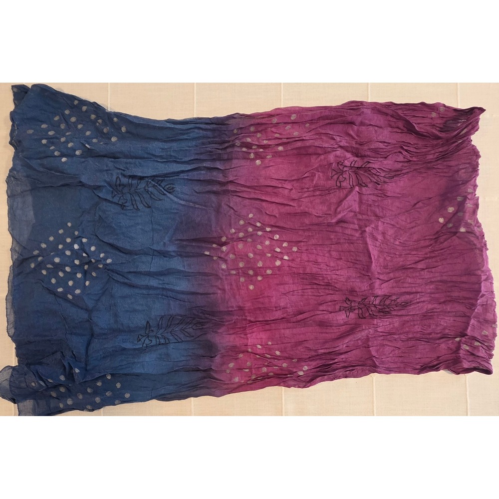 Ombre Crinkle Scarf Blue Purple Silver Block Print Metallic Dot Leaf Pattern
